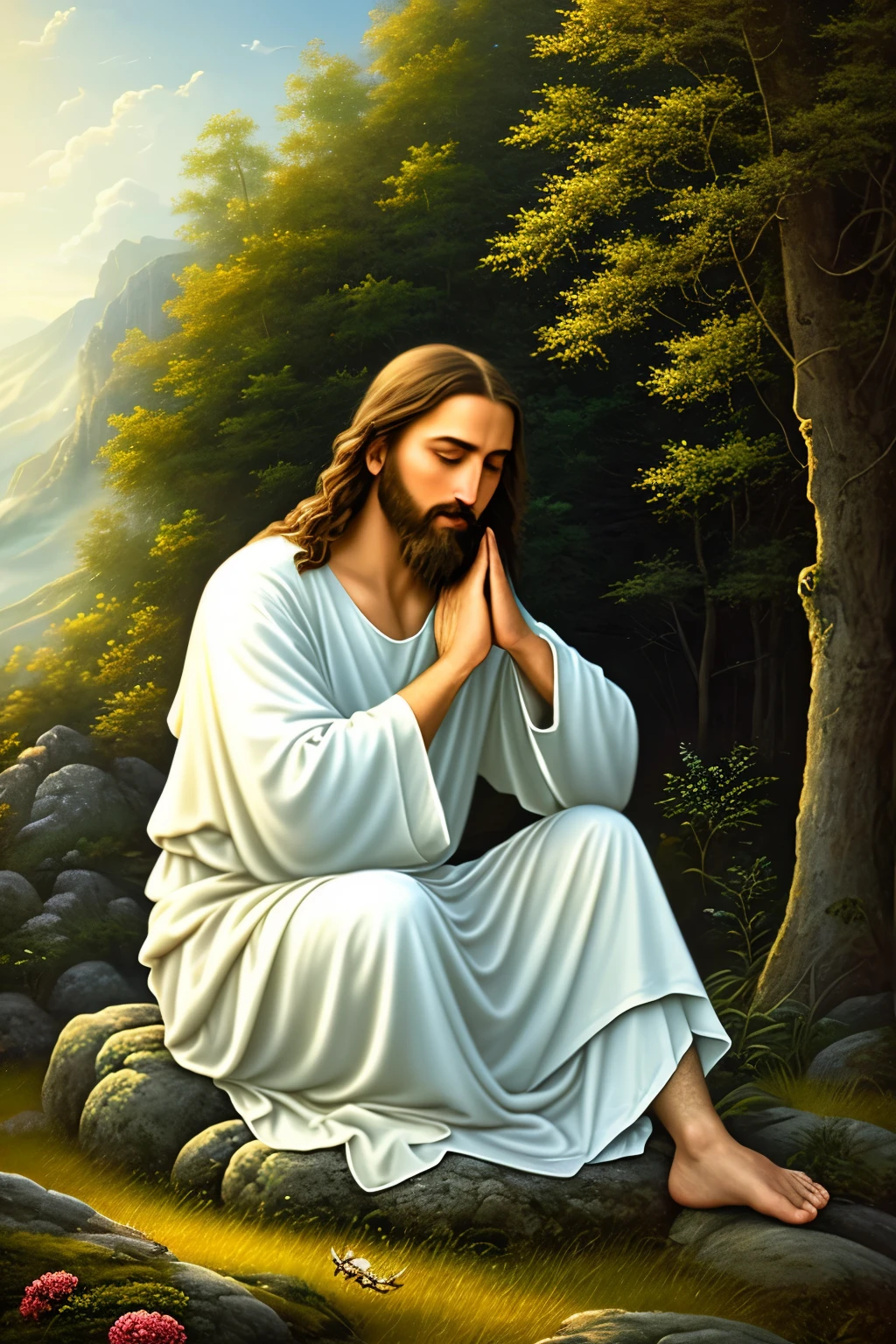 A contemplative image of the matured and wise Jesus Christ, radiating divine peace, depicted in a hyper-realistic, photo-realistic style. He is seated, with a serene posture, hands comfortably placed on his knees, his eyes gently closed as if in deep meditation. The background is a tranquil landscape bathed in soft, ethereal light, symbolizing the peace of God that surpasses all understanding. Radiating inner calm, this exquisite, high-resolution, masterpiece-quality image will guard your heart and mind with the love of Christ Jesus.