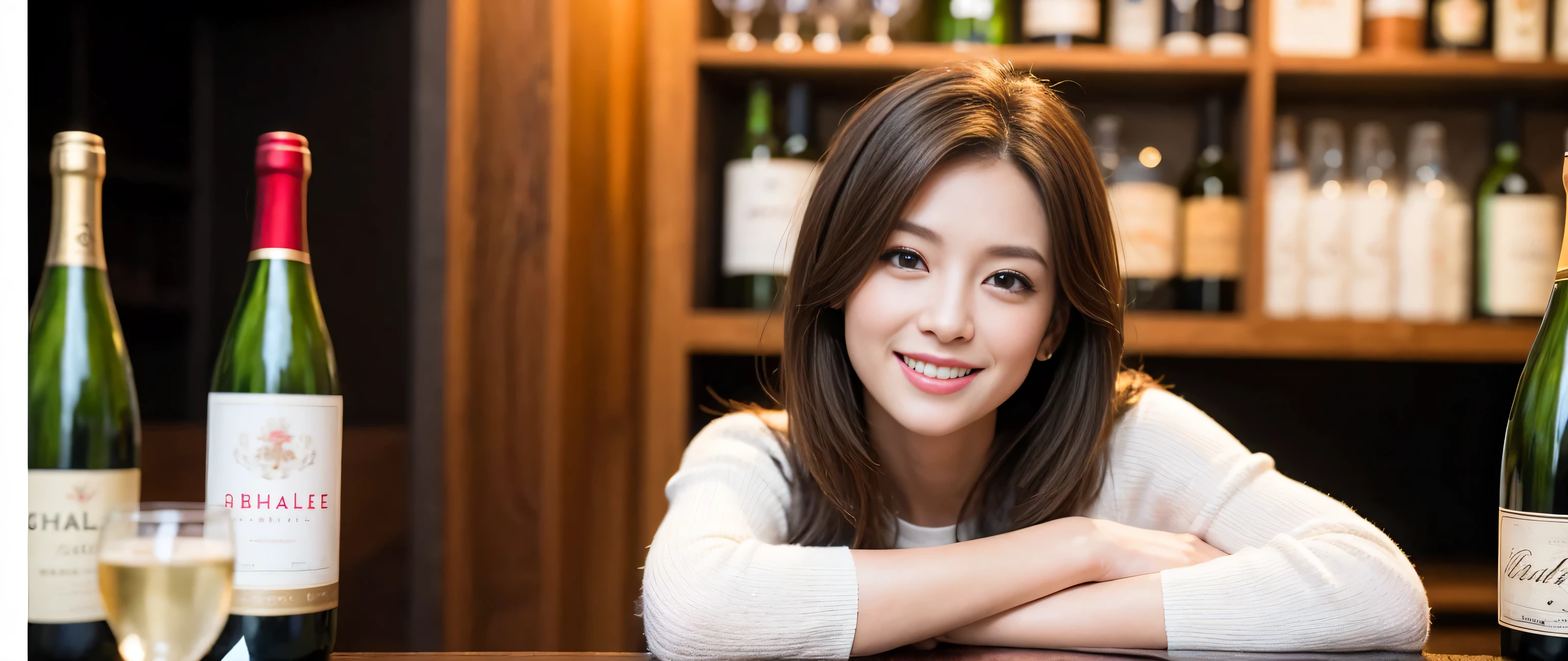 ((highest quality、8k、masterpiece:1.3))、Beautiful woman perfect body:1.4、Slim body、((Bob Hale、Straight hair:1.2))、 Ultra-high resolution, Bright image、2. The beauty of wine, Beautiful Face, blue eyes, Beautiful Eyes, The light shines on your face, Blushing your nose, short hair,Amazing view of the sunset sky and clouds、Amazing mountain views、A bright smile、A lovely woman with a smile、Bright Face、Fox face、Lady、Champagne、Wine bottle、wine glass、red wine 、Appetizers、Italian food、Two beauties、Brown Hair、Shortcuts、Long sleeve shirt、Winter Fashion、dress、Wine bottle、sparkling wine、Pretty Woman 1, (Slim face), (Brown Hair), (Shortcuts), cheeks turn a little red, (42 years old), 39 years old, Attractive beauty、restaurant, Nova Frog Style, actress, model, Upper Body, White wine, slim, wine glass, A wine glass placed in the middle, smile, (smile: 1.15), Beautiful Eyes, Strong light and shadow,Moist Body:1.5、Delicate eyes、Brown Hair、The hair is very shiny、