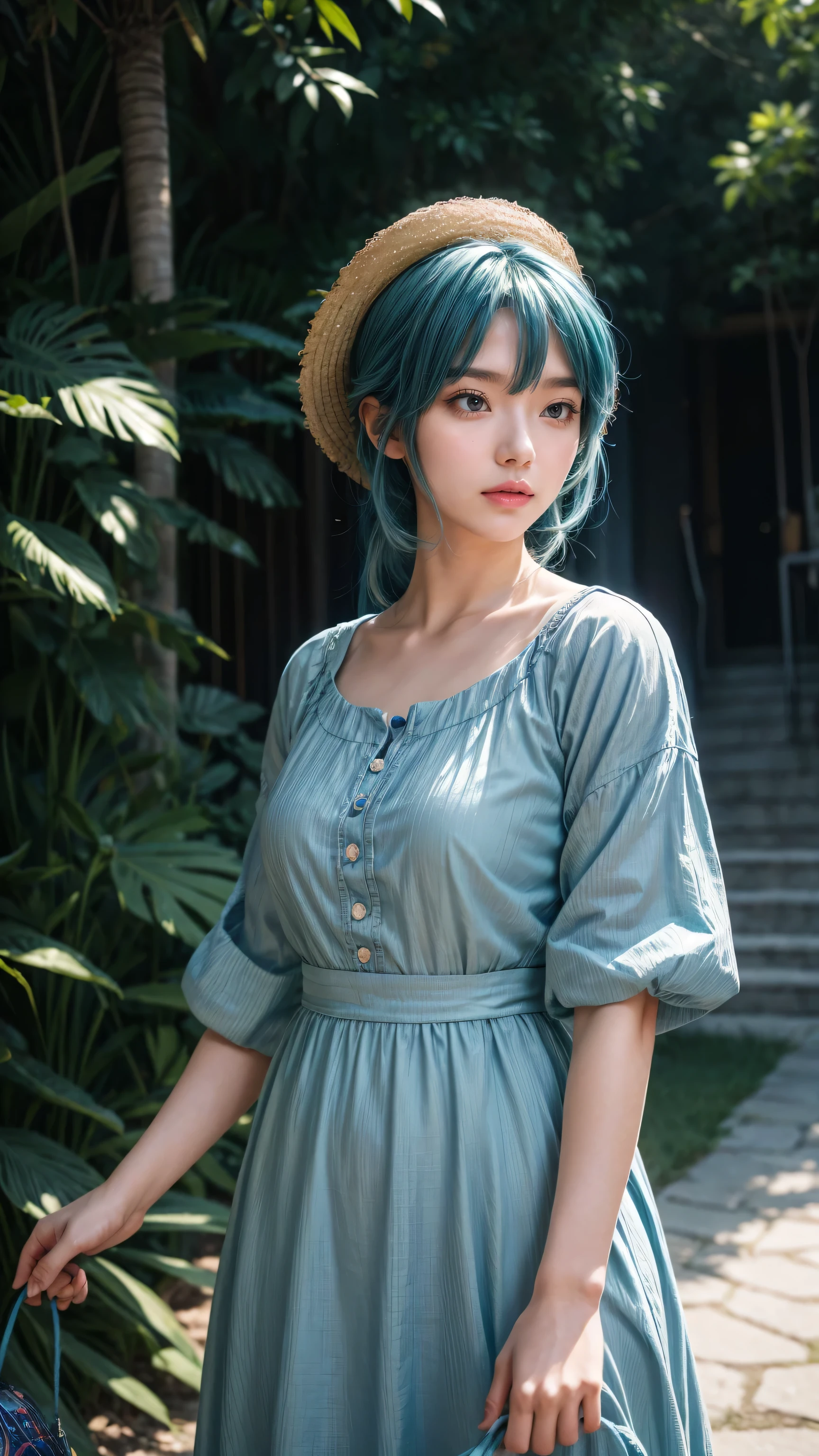 Wearing a straw hat、Blue hair anime girl in a blue dress, Artwork in the style of Guweiz, Beautiful anime portrait, guweiz, Beautiful anime girl, beautiful anime style, Anime girl with teal hair, anime style. 8k, Beauvot Art Style, Beautiful digital illustrations, Beautiful character painting, Stunning anime face portraits