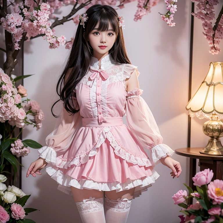 best quality, masterpiece, lifelike, 1 girl, Solitary, eternity, Black Hair, Long curly hair, Bangs, Smile, Pink skirt, Pink loli dress, layered skirt, Lolita style long skirt,分層連衣裙 Lace-trimmed 裙子, decorate, Lace, Long sleeve, Puff sleeves, Wide sleeves, Transparent sleeves, Hair accessories, 在flower园里, flower, Detailed background,  Delicate face，pink blush，White，Knee socks, Pink shoes，cold，Lots of Lace，((​masterpiece))、(top quality)、8k、High Detail、Ultra Detailed、 night、21-year-old female，穿着Pink loli dress((Dreamy atmosphere:1.1))、Seductive and whimsical style、​masterpiece、born、Scenes resembling fairy tale illustrations、Intricate details showcase the ruffles and intricate designs of the Lolita dress、fine、magic、capricious、 fine、Dreamy aesthetics、「art itself、ethereal、charming、fickle、magic」、realism、Visual effect、FXAA、SSAO、shader、silent、Ambient Lighting、Tone Mapping、high resolution、Ultra HD、Million pixels、(8k resolution:1.10)、8k、8k less、8k resolution、High Detail、Intricate details、A look of surprise and awe on her face、 (high quality:1.2、​masterpiece:1.2、:1.21)、(21-year-old female:1.21)、(興奮地Smile)、(Surrounded by the Dreamy atmosphere of an amusement par紅色蘿莉連身裙、Her eyes were full of surprise and joy、Shooting for many geeks、、High heel、Mucus、Slim、Model figure