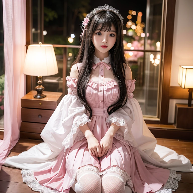 best quality, masterpiece, lifelike, 1 girl, Solitary, eternity, Black Hair, Long curly hair, Bangs, Smile, Pink skirt, Pink loli dress, layered skirt, Lolita style long skirt,分層連衣裙 Lace-trimmed 裙子, decorate, Lace, Long sleeve, Puff sleeves, Wide sleeves, Transparent sleeves, Hair accessories, 在flower园里, flower, Detailed background,  Delicate face，pink blush，White，Knee socks, Pink shoes，cold，Lots of Lace，((​masterpiece))、(top quality)、8k、High Detail、Ultra Detailed、 night、21-year-old female，穿着Pink loli dress((Dreamy atmosphere:1.1))、Seductive and whimsical style、​masterpiece、born、Scenes resembling fairy tale illustrations、Intricate details showcase the ruffles and intricate designs of the Lolita dress、fine、magic、capricious、 fine、Dreamy aesthetics、「art itself、ethereal、charming、fickle、magic」、realism、Visual effect、FXAA、SSAO、shader、silent、Ambient Lighting、Tone Mapping、high resolution、Ultra HD、Million pixels、(8k resolution:1.10)、8k、8k less、8k resolution、High Detail、Intricate details、A look of surprise and awe on her face、 (high quality:1.2、​masterpiece:1.2、:1.21)、(21-year-old female:1.21)、(興奮地Smile)、(Surrounded by the Dreamy atmosphere of an amusement par紅色蘿莉連身裙、Her eyes were full of surprise and joy、Shooting for many geeks、、High heel、Mucus、Slim、Model figure