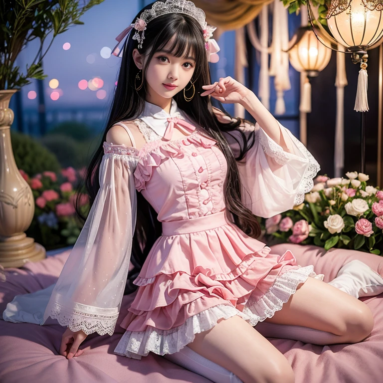 best quality, masterpiece, lifelike, 1 girl, Solitary, eternity, Black Hair, Long curly hair, Bangs, Smile, Pink skirt, Pink  dress, layered skirt, Lolityle long skirt,分層連衣裙 Lace-trimmed 裙子, decorate, Lace, Long sleeve, Puff sleeves, Wide sleeves, Transparent sleeves, Hair accessories, 在flower园里, flower, Detailed background,  Delicate face，pink blush，White，Knee socks, Pink shoes，cold，Lots of Lace，((​masterpiece))、(top quality)、8k、High Detail、Ultra Detailed、 night、21-year-old female，穿着Pink loli dreDreamy atmosphere:1.1))、Seductive and whimsical style、​masterpiece、born、Scenes resembling fairy tale illustrations、Intricate details showcase the ruffles and intricate designs of the Lolita dresse、magic、capricious、 fine、Dreamy aesthetics、「art itself、ethereal、charming、fickle、magic」、realism、Visual effect、FXAA、SSAO、shader、silent、Ambient Lighting、Tone Mapping、high resolution、Ultra HD、Million pixels、(8k resolution:1.10)、8k、8k less、8k resolution、High Detail、Intricate details、A look of surprise and awe on her face、 (high quality:1.2、​masterpiece:1.2、:1.21)、(21-year-old female:1.21)、(興奮地Smile)、(Surrounded by the Dreamy atmosphere of an amusement par紅色蘿莉連身裙、Her eyes were full of surprise and joy、Shooting for many geeks、、High heel、Mucus、Slim、Model figure