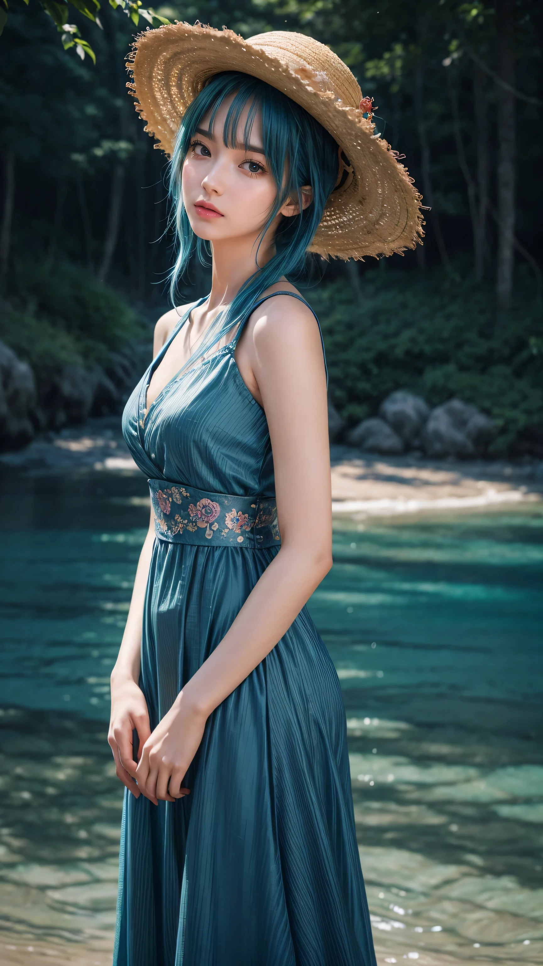 Wearing a straw hat、Blue hair anime girl in a blue dress, Artwork in the style of Guweiz, Beautiful anime portrait, guweiz, Beautiful anime girl, beautiful anime style, Anime girl with teal hair, anime style. 8k, Beauvot Art Style, Beautiful digital illustrations, Beautiful character painting, Stunning anime face portraits