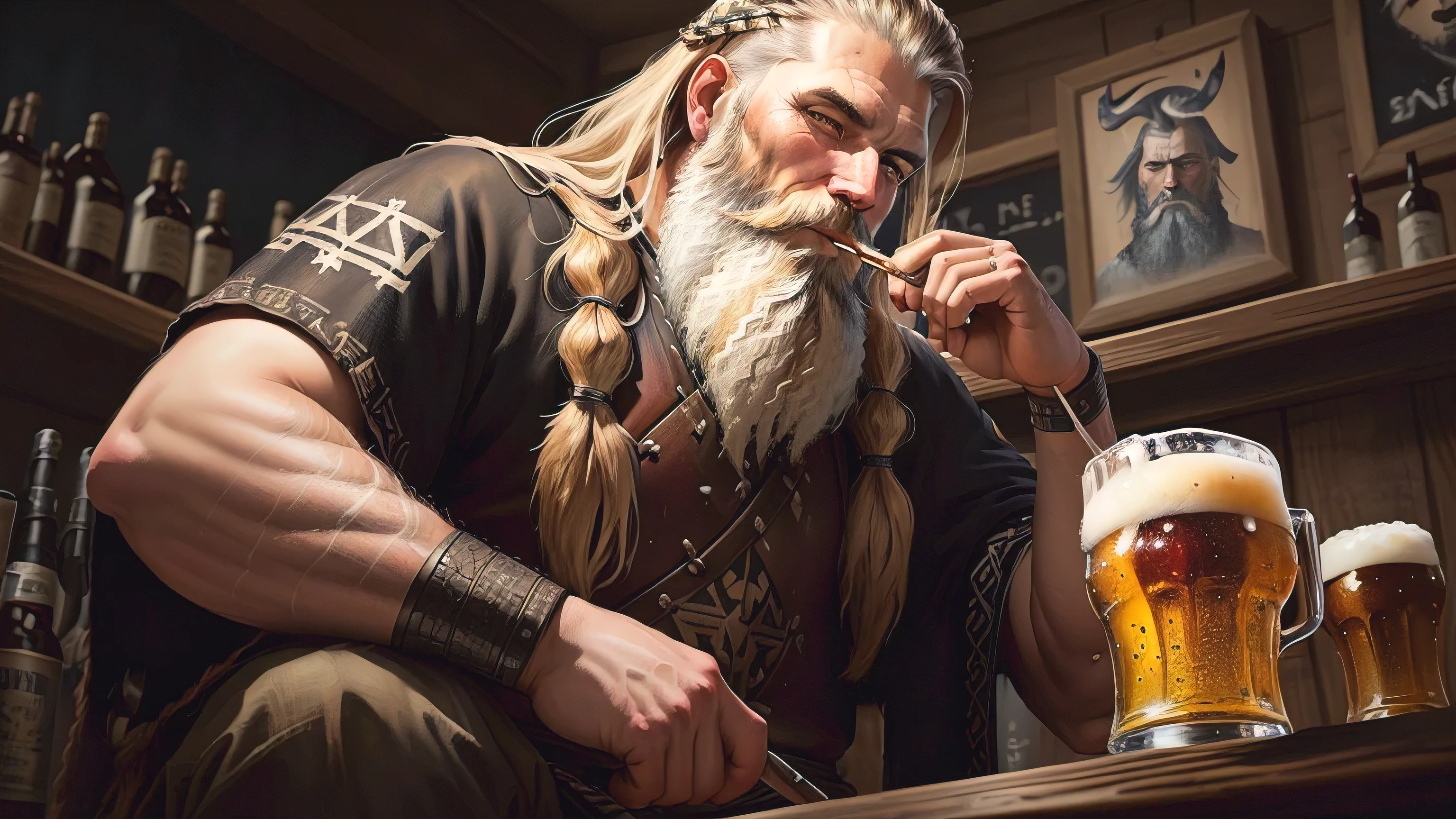 brush painting of a man with a beard and sitting at a Bar, drinking beer. painted portrait, portrait of a viking, viking style, dark color, viking culture, viking shaman, by Ásgrím Jónsson