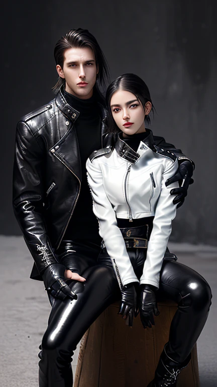 Final Fantasy-style graphics, 若くキュートでクールな日本の男の子と女の子のCouple,Thin eyebrows and big eyes, Both are wearing shiny white single-breasted leather jackets........。Biker style leather jacket、 with epaulettes, The jacket is zipped up, The jacket pockets are black., The jacket has a high stand-up collar with a belt, Also wearing a black turtleneck, はBlack Leather Pantsを履いている,The girl is wearing black leather shorts and black pantyhose、 Both of them are wearing thin black leather gloves on their hands., Black leather knee-high lace-up boots, ((View your entire body from head to toe)) , Final Fantasy Style、((Handsome Men and Beautiful Women))、(((men and women))、((Couple))、((good looking))、((Year: 20-year-old))、((good looking))、((Clear eyes and nose))、((Shiny white single leather jacket))、((The jacket must be white.))、((The jacket has epaulettes))、((Jacket has a high stand-up collar and belt))、((The jacket has a black pocket))、((Black turtleneck shirt))、((Black Leather Pants))、((Always wear shiny black leather gloves on both hands))、((Cover the entire fingers of both hands with gloves))、((Black lace-up leather long boots))、((View full-body images from a distance))、Realistic image quality and texture、((close your eyes))、A kind smile、((The front of the jacket is closed with a zipper))、((No exposure from the neck down))、((Round face)、((Upright posture))、((Do not sit))、
