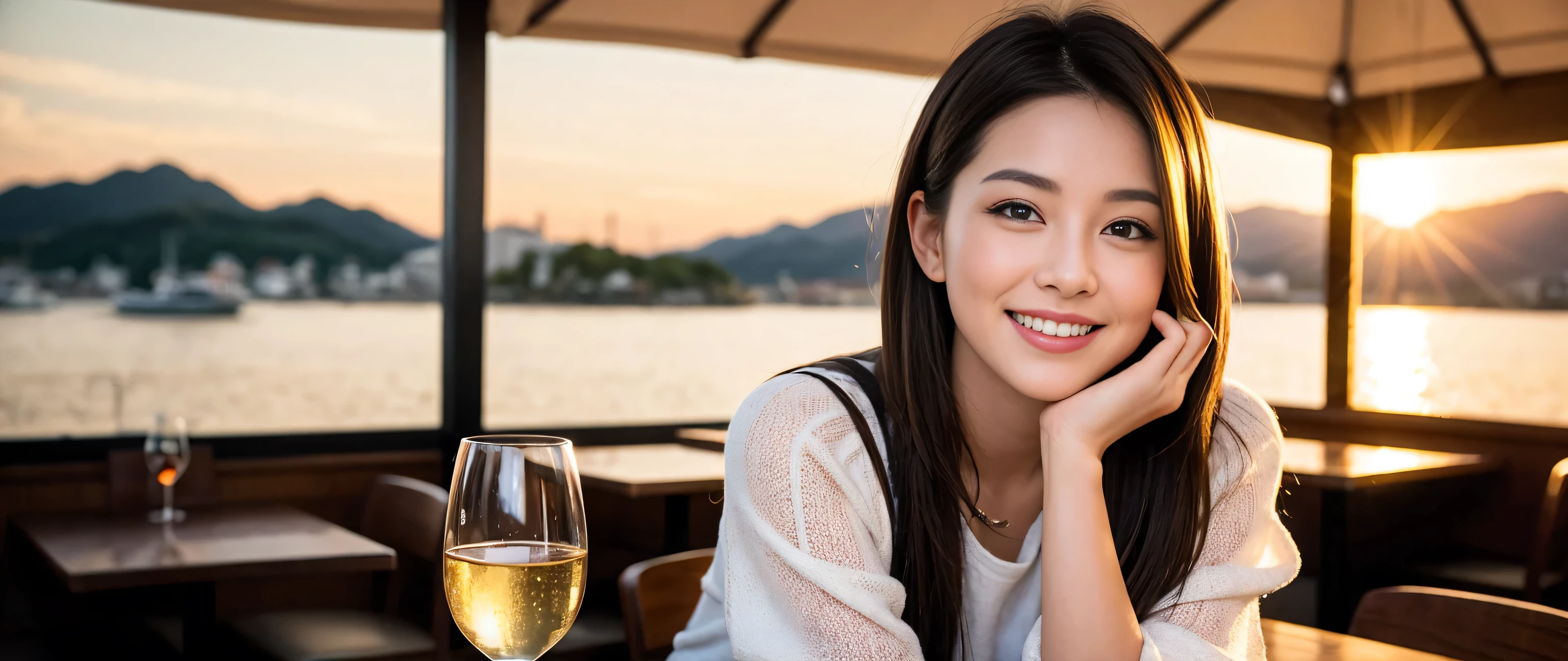 ((highest quality、8k、masterpiece:1.3))、Beautiful woman perfect body:1.4、Slim body、((Bob Hale、Straight hair:1.2))、 Ultra-high resolution, Bright image、2. The beauty of wine, Beautiful Face, blue eyes, Beautiful Eyes, The light shines on your face, Blushing your nose, short hair,Amazing view of the sunset sky and clouds、Amazing mountain views、A bright smile、A lovely woman with a smile、Bright Face、Fox face、Lady、Champagne、Wine bottle、wine glass、red wine 、Appetizers、Italian food、Two beauties、Brown Hair、Shortcuts、Long sleeve shirt、Winter Fashion、dress、Wine bottle、sparkling wine、Pretty Woman 1, (Slim face), (Brown Hair), (Shortcuts), cheeks turn a little red, (36 years old), 39 years old, Attractive beauty、restaurant, Nova Frog Style, actress, model, Upper Body, White wine, slim, wine glass, A wine glass placed in the middle, smile, (smile: 1.15), Beautiful Eyes, Strong light and shadow,Moist Body:1.5、Delicate eyes、Brown Hair、The hair is very shiny、