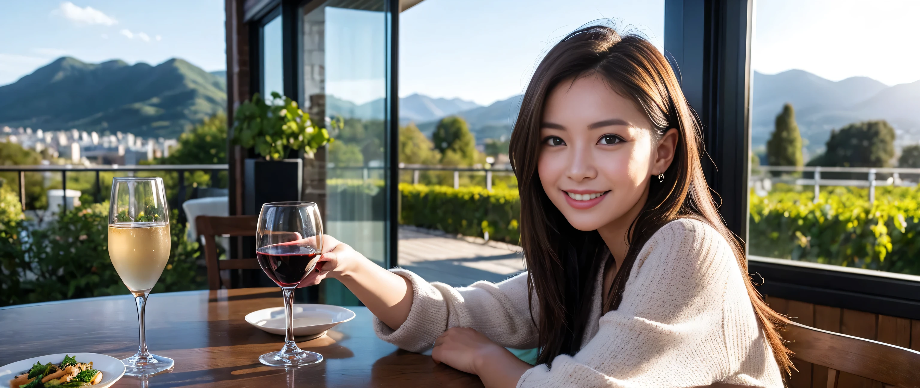 ((highest quality、8k、masterpiece:1.3))、Beautiful woman perfect body:1.4、Slim body、((Bob Hale、Straight hair:1.2))、 Ultra-high resolution, Bright image、2. The beauty of wine, Beautiful Face, blue eyes, Beautiful Eyes, The light shines on your face, Blushing your nose, short hair,Amazing view of the sunset sky and clouds、Amazing mountain views、A bright smile、A lovely woman with a smile、Bright Face、Fox face、Lady、Champagne、Wine bottle、wine glass、red wine 、Appetizers、Italian food、Two beauties、Brown Hair、Shortcuts、Long sleeve shirt、Winter Fashion、dress、Wine bottle、sparkling wine、Pretty Woman 1, (Slim face), (Brown Hair), (Shortcuts), cheeks turn a little red, (36 years old), 39 years old, Attractive beauty、restaurant, Nova Frog Style, actress, model, Upper Body, White wine, slim, wine glass, A wine glass placed in the middle, smile, (smile: 1.15), Beautiful Eyes, Strong light and shadow,Moist Body:1.5、Delicate eyes、Brown Hair、The hair is very shiny、