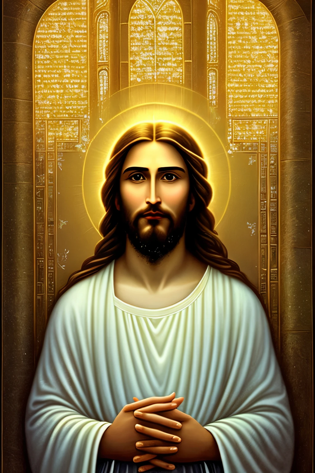 A serene and tranquil painting depicting the enigmatic figure of Jesus Christ, radiantly cloaked in divine light. The peaceful expression on his face conveys a profound sense of calm and wisdom. The room is bathed in gentle, warm hues, evoking a sense of sanctity and comfort. The background is a soft blend of earthy tones, with faint hints of golden rays peeking through. The overall composition exudes a sense of tranquility and depth, reflecting the eternal promise of God's love and protection, as stated in the passage: "and the peace of God, which surpasses all understanding, will guard your hearts and your minds in Christ Jesus."