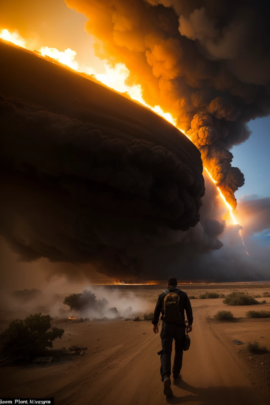 Amidst a chaotic scene, people frantically run away from cataclysmic explosions that send towering plumes of black smoke into the air. The background is ablaze with massive explosions, their powerful forces shaking the ground beneath. Debris flies everywhere as the air is filled with the deafening roar of the detonations. An enormous explosion occurs in the distance, casting an ominous shadow over the landscape. The epic sandstorm battle continues, with each explosion contributing to the mayhem. Onlooker Kuno Veeber gazes in awe and terror at the carnage unfolding before him.