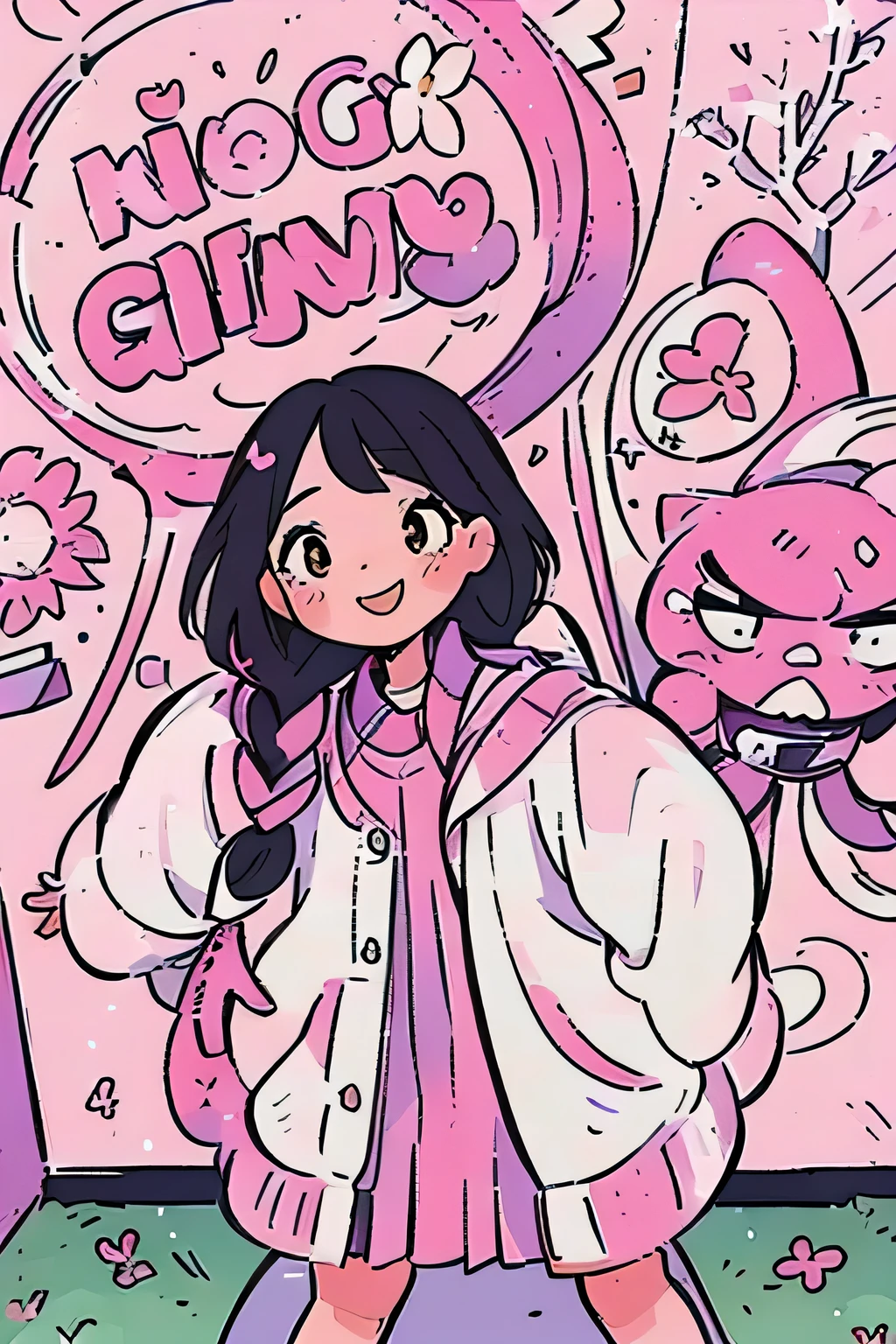 A poster,A girl,A young girl wearing a purple and white dress,Head down,One-sided braid,visual impact,Second Dimension,Gentle wind,Black hair,skirt,Pink cherry blossoms,Smiling looking in the mirror