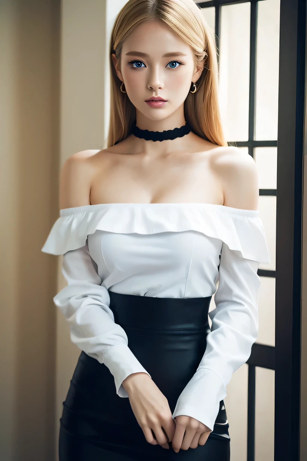 highest quality, Ultra-high resolution, (Realistic:1.4), Japanese、Gal、Blonde、blue eyes、One girl, off-the-shoulder white shirt, Black tight skirt, Black Choker,, Medium breast, View your viewers, close ,
