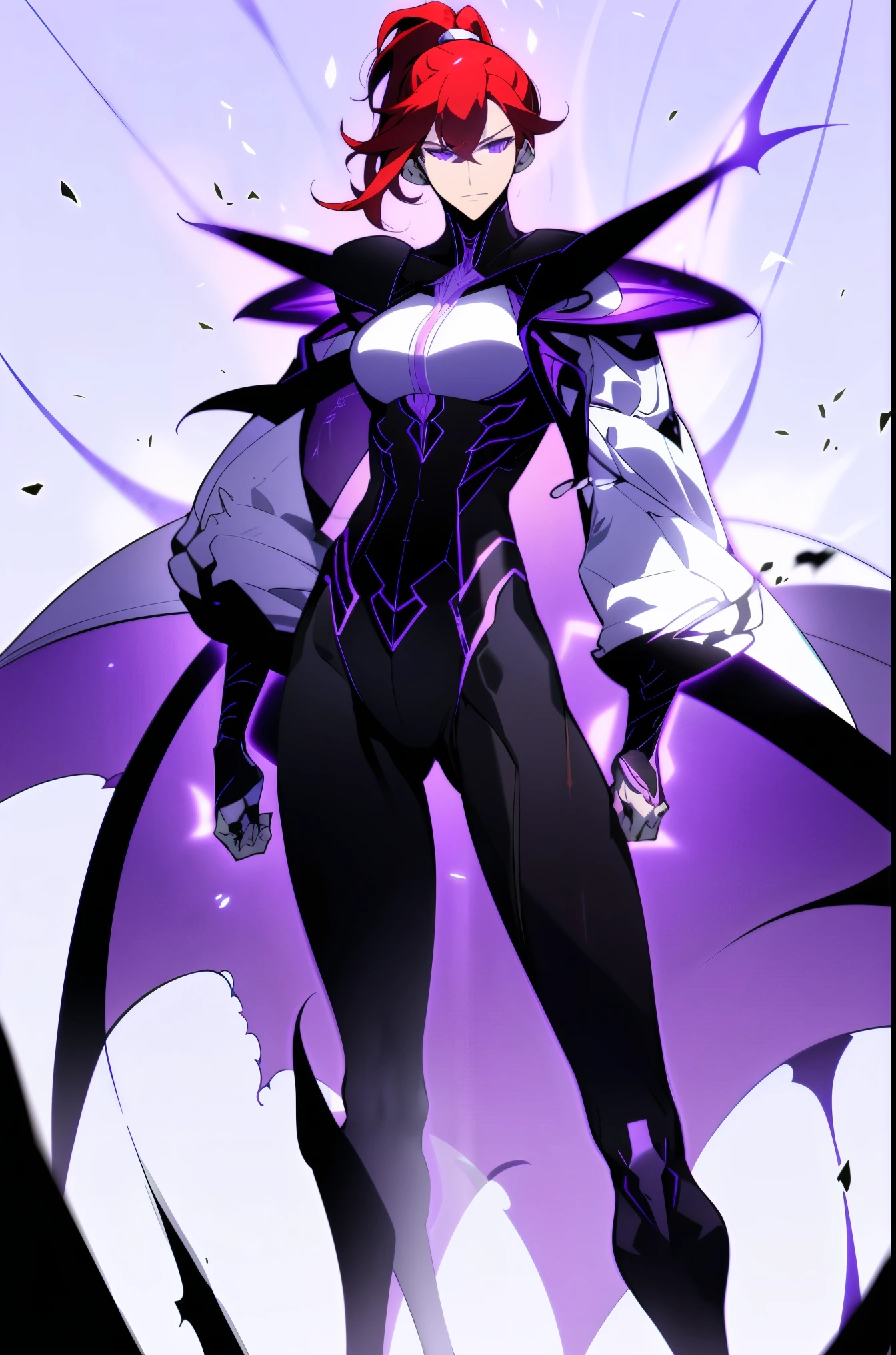 Midly Muscular woman in fantasy clothes, red hair in a ponytail, redhead, blue purple eyes, tight black and white jacket, white jacket, black pant, full body , intricate pencil sketch, expressive eyes and nose and mouth, un-zoom, highly detailed, dynamic pose, white background