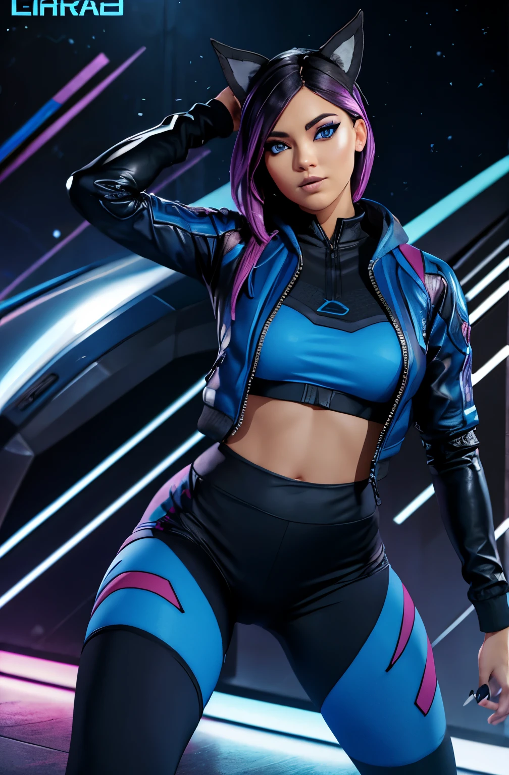 Lynx leggings jacket blue black dynamic pose, rostro detallado ojos hermosos, cabello corto rosa