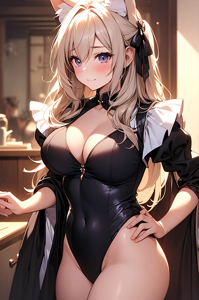 ((2d beautiful girl、highest quality: 1.2、Perfect Fingers: 1.2、Perfect Anatomy: 1.1、Perfect outfit、Perfect Face: 1.1、Beautiful illustrations))、(Conversion Sequence)、14 years、Solio、Princess、Fractal Art、Baby Face、((Straight Long Hair))、(slurry leg)、large drooping eyes:1.1、(1 person)、blush、Stiff、Dog Ears、Dressing Room、Maid style top、(leotard)、standing、High leg、leotard