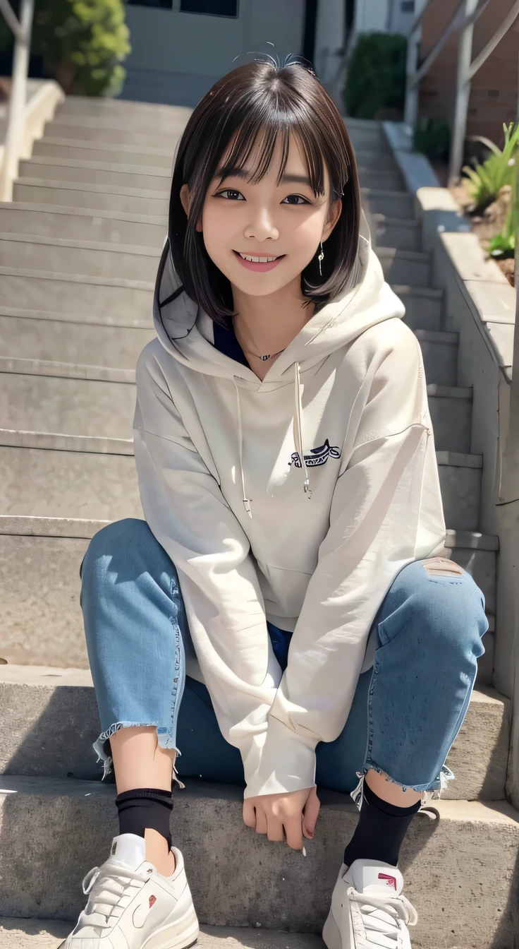highest quality, Realistic, Very detailed, Finer details, High resolution, 8k wallpaper, One beautiful woman,Sit on the stairs、(Wear black socks)smile、(Beautiful teeth alignment、)(Gums are visible) Oversized hoodie, Skinny jeans, White sneakers、Black Hair、 Beautiful Bangs、ear piercing、Perfect dynamic composition, Beautiful and detailed, Full Body Shot, A big smile