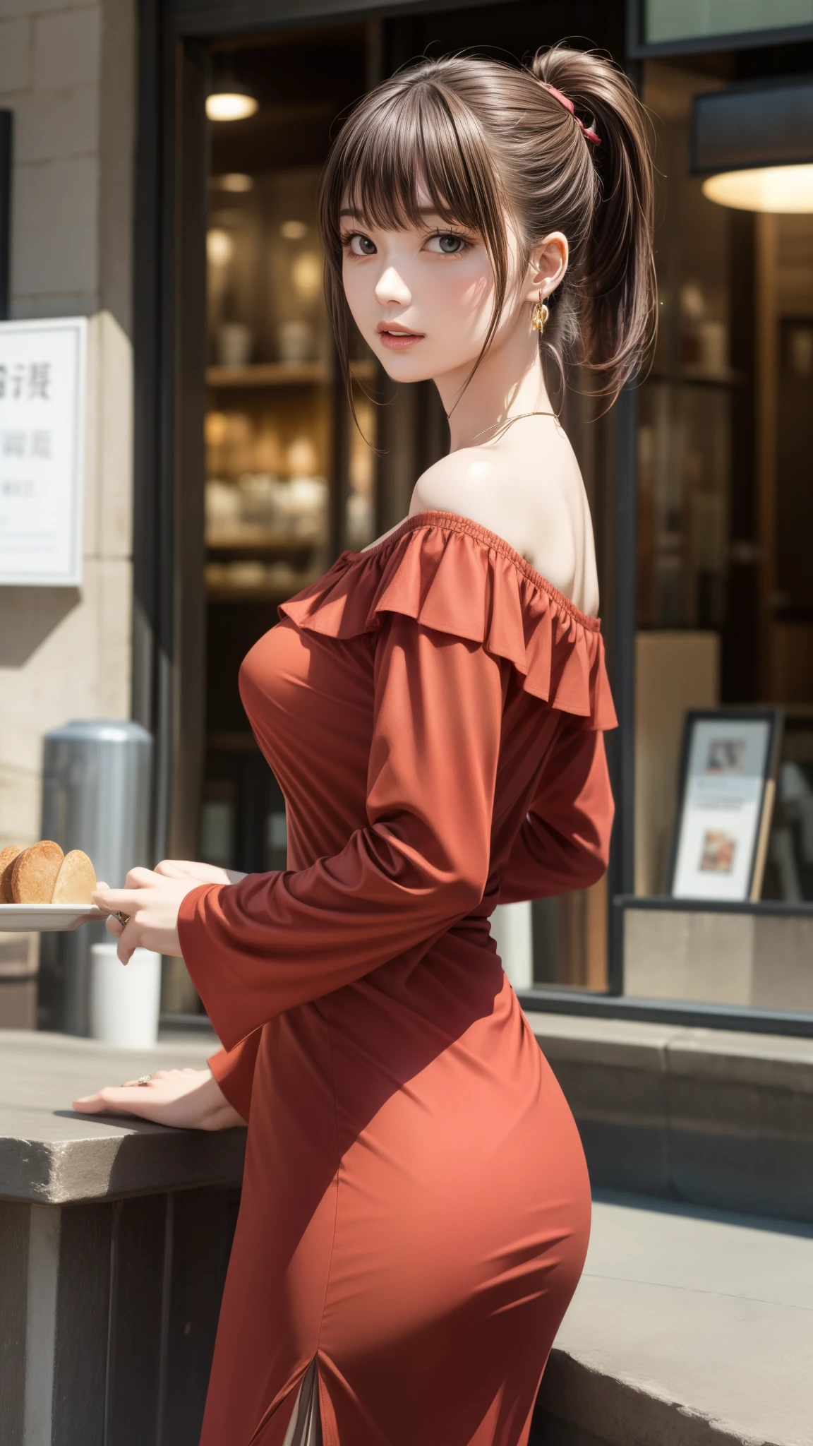 8K quality、High resolution、Realistic skin texture、High resolutionの瞳、Seated man、A woman with her breasts held by a man、A female cafe owner seduces a male customer、Brown long hair、、Ring piercing of the earlobe、A neat red blouse dress、Dignified face、thin、Model Body Type、Ripe body、Neat 30 year old woman、Off the shoulder、Raise your arms and stretch your back、Flip Up Skirt、Up ponytail