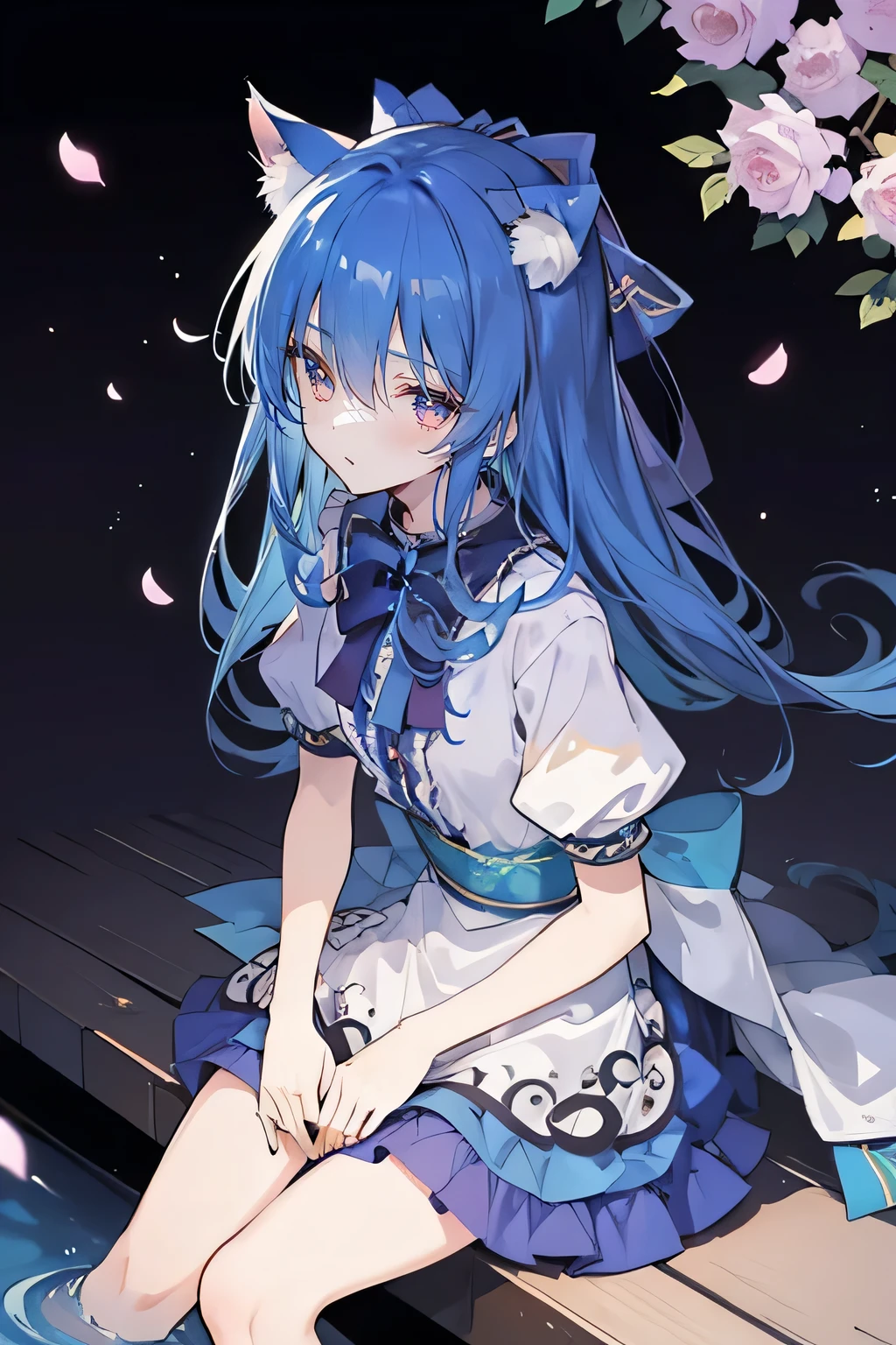 (masterpiece:1.2),ultra-detailed,realistic,expressive eyes,fair-skinned,perfectly shaped face,1girl,
Japanese cartoons,Gorgeous blue hair, flowing blue hair,floating clothes,cat ears,petals falling,beautiful Lola,Hina Angel,
hands on waist,gracefully sitting on the ground,legs crossed,gentle and serene background,cool and comfortable pavilion,shy face ,night .