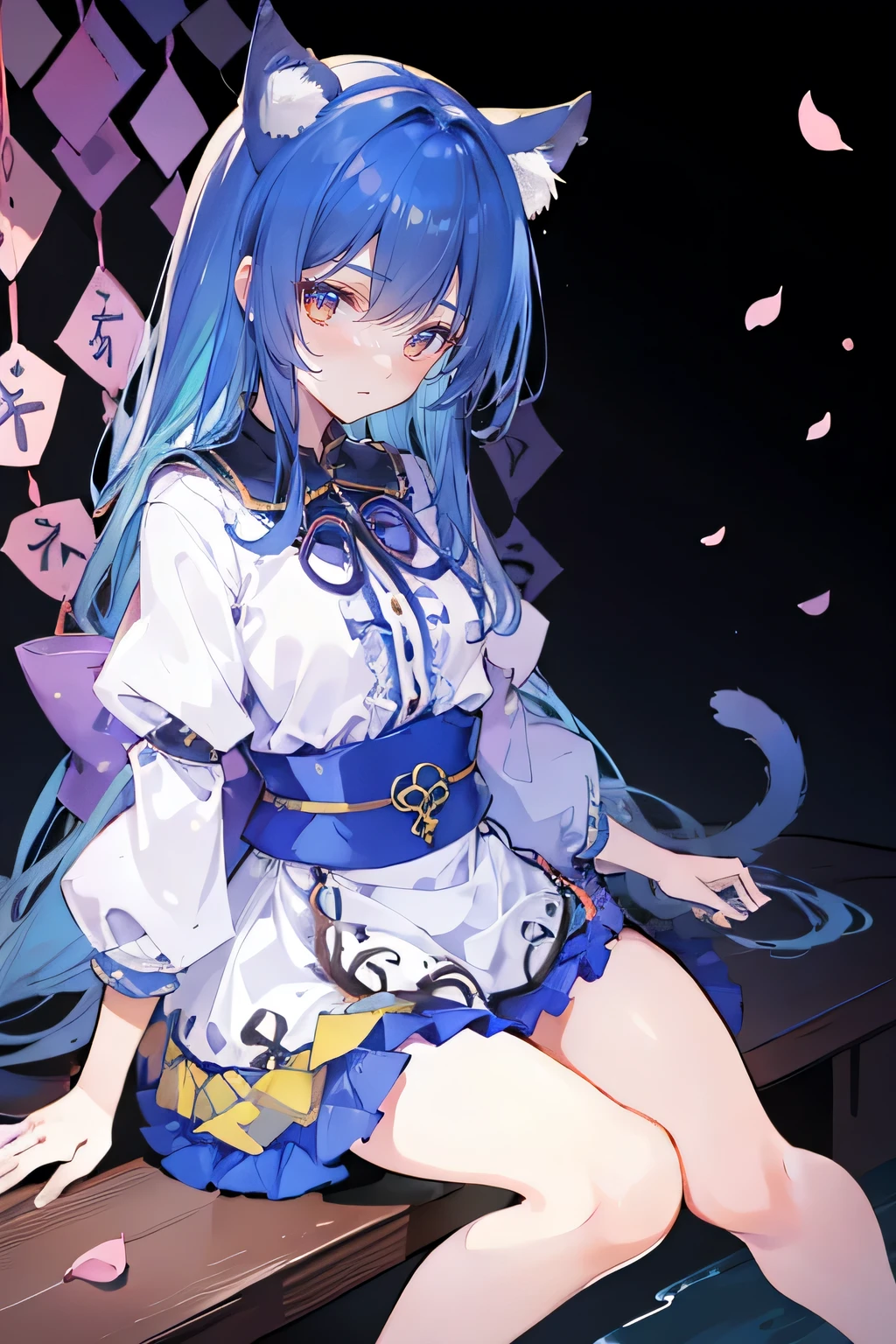 (masterpiece:1.2),ultra-detailed,realistic,expressive eyes,fair-skinned,perfectly shaped face,1girl,
Japanese cartoons,Gorgeous blue hair, flowing blue hair,floating clothes,cat ears,petals falling,beautiful Lola,Hina Angel,
hands on waist,gracefully sitting on the ground,legs crossed,gentle and serene background,cool and comfortable pavilion,shy face ,night .