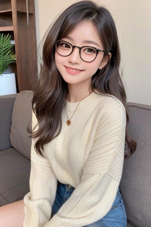 Photorealistic, high-quality 32k photo of a beautiful Japanese girl in a casual, chic outfit, with glasses, with detailed eyes and a charming smile, seated at a cozy couch,her hair styled in a soft wave medium hair,light hair