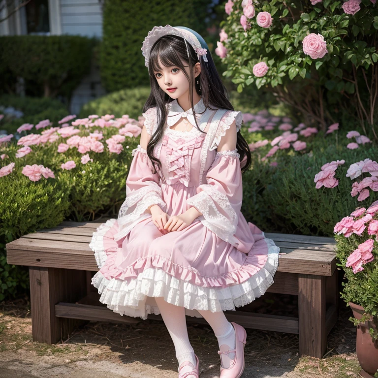 best quality, masterpiece, lifelike, 1 girl, solitary, eternal, Black Hair, Long curly hair, Bangs, Smile, Pink skirt, Pink dress, layered skirt, Lolile long skirt,分層連衣裙 Lace-trimmed 裙子, decorate, Lace, Long sleeve, Puff sleevWide sleeves, Transparent sleeves, Hair accessories, 在flower园里, flower, Detailed background, Delicate face,pink blush,White,Knee socks, Pink shoes,cold,Lots of Lace,((masterpiece))、(top quality)、8k、High Detail、Super detailed、 night、21 yearsd female,Wearing Pink dress((Dreamy atmosphere:1.1))、Seductive andsical style、masterpiece、born、Scenes resembling fairy tale illustrations、Intricate details showcase the ruffles and intricate designs of the Lolita dress、beautiful、capricious、 beautiful、Dreamy aesthetics、「art itself、ethereal、charming、fickle、magic」、realism、Visualects、FXAA、SSAO、shader、voiceless、Ambient Lighting、Tone Mapping、high resolution、Ultra HD、megapixel、(8k resolution:1.10)、8k、Below 8K、8k resolution、High Detail、Intricate details、A look of surprise and awe on her face、 (high quality:1.2、masterpiece:1.2、:1.21)、(21 years old female:1.21)、(興奮地Smile)、(Surrounded by the Dreamy atmosphere of an amusement par色洛丽塔连衣裙、Her eyes were full of surprise and joy、I took a lot of geek photos、、High heel、Mucus、The slender one、Model Diagram,full-body shot,Knee-high White Lace socks,Sweet Lolita,sitting,Normal 2 feet,Pins,Baotou shoes,full-body shot
