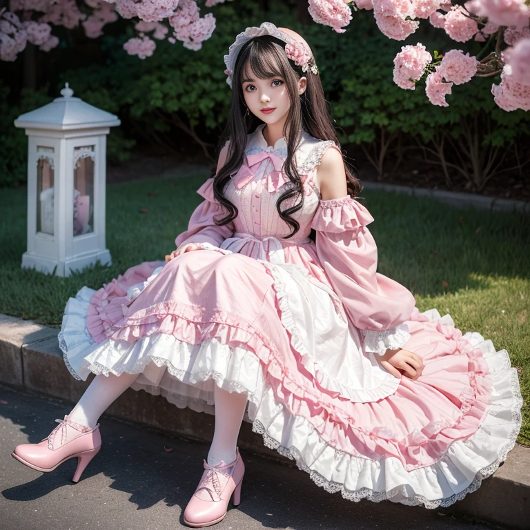 best quality, masterpiece, lifelike, 1 girl, solitary, eternal, Black Hair, Long curly hair, Bangs, Smile, Pink skirt, Pink dress, layered skirt, Lolityle long skirt,分層連衣裙 Lace-trimmed 裙子, decorate, Lace, Long sleeve, Puff sleeves, Wide sleeves, Transparent sleeves, Hair accessories, 在flower园里, flower, Detailed background, Delicate face,pink blush,White,Knee socks, Pink shoes,cold,Lots of Lace,((masterpiece))、(top quality)、8k、High Detail、Super detailed、 night、21 years old female,Wearing Pink dress((Dreamy atmosphere:1.1))、Seductive and whimsical style、masterpiece、born、Scenes resembling fairy tale illustrations、Intricate details showcase the ruffles and intricate designs of the Lolita d、beautiful、magic、capricious、 beautiful、Dreamy aesthetics、「art itself、ethereal、charming、fickle、magic」、realism、Visual effects、FXAA、SSAO、shader、voiceless、Ambient Lighting、Tone Mapping、high resolution、Ultra HD、megapixel、(8k resolution:1.10)、8k、Below 8K、8k resolution、High Detail、Intricate details、A look of surprise and awe on her face、 (high quality:1.2、masterpiece:1.2、:1.21)、(21 years old female:1.21)、(興奮地Smile)、(Surrounded by the Dreamy atmosphere of an amusement par色洛丽塔连衣裙、Her eyes were full of surprise and joy、I took a lot of geek photos、、High heel、Mucus、The slender one、Model Diagram,full-body shot,Knee-high White Lace socks,Sweet Lolita,sittiormal 2 feet,Pink shoes,Baotou shoes,full-body shot