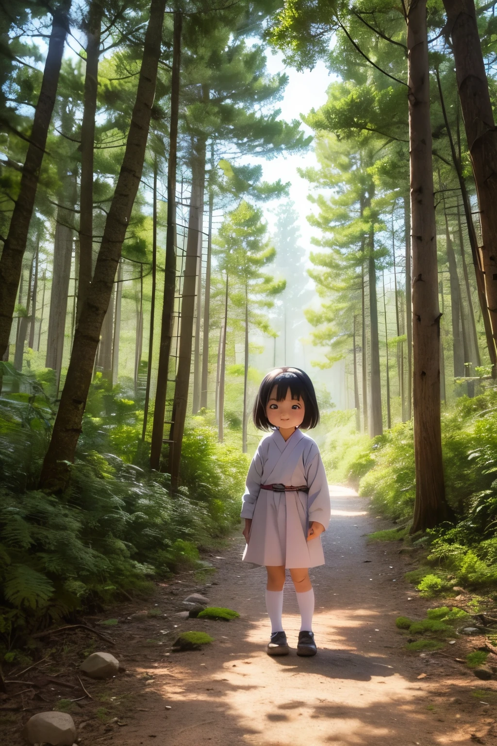 Girl standing in the forest,Short kimono dress,,Beautiful thighs,Embarrassed,To pee,Peeing,Overgrown with trees,barefoot Hold the crotch,spill liquid from crotch,