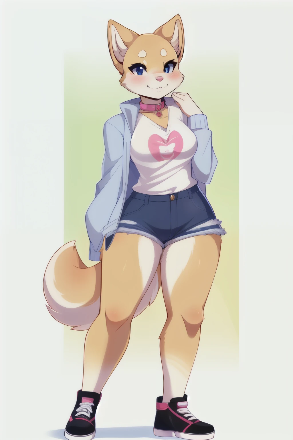 Solo, female, standing, shiba inu, ((pointed ears and snout)), by sakuram Blues, by Inu_Na_Kama, by cherryblossomskulls, small context, pink collar, sultry expression, fluffy white fur, black spots, pink nose, denim shorts, white t-shirt, casual sneakers.

(Detailed description: A solo female figure is standing in a serene environment, with a cute and friendly-looking shiba inu by her side. The shiba inu has pointed ears and a distinct snout, and its coat is a beautiful mix of white fur with black spots. The female wears a pink collar around
