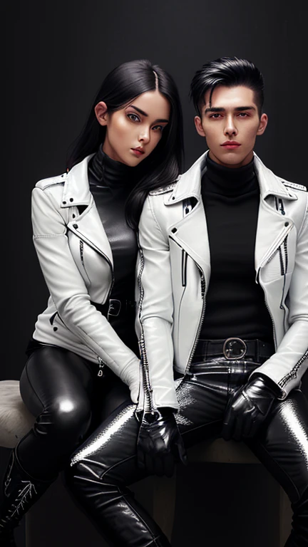  若くキュートでクールなエモ風な日本人の男の子と女の子のCouple,Thin eyebrows and big eyes,   Both are wearing shiny white single-breasted leather jackets........。Biker style leather jacket、 with epaulettes,  The jacket is zipped up, The jacket pockets are black., The jacket has a high stand-up collar with a belt, Also wearing a black turtleneck, 男の子はBlack Leather Pantsを履いている,The girl is wearing black leather shorts and black pantyhose、 Both of them are wearing thin black leather gloves on their hands., Black leather knee-high lace-up boots, ((View your entire body from head to toe)) , Final Fantasy Style、((Handsome Men and Beautiful Women))、(((men and women))、((Couple))、((good looking))、((Year: 20-year-old))、((good looking))、((Clear eyes and nose))、((Shiny white single leather jacket))、((The jacket must be white.))、((The jacket has epaulettes))、((Jacket has a high stand-up collar and belt))、((The jacket has a black pocket))、((Black turtleneck shirt))、((Black Leather Pants))、((Always wear shiny black leather gloves on both hands))、((Cover the entire fingers of both hands with gloves))、((Black lace-up leather long boots))、((View full-body images from a distance))、Realistic image quality and texture、((close your eyes))、A kind smile、((The front of the jacket is closed with a zipper))、((No exposure from the neck down))、((Round face)、((Upright posture))、((Do not sit))、