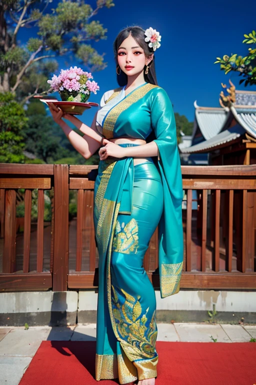 Masterpiece,Row photo, details, hyper realistic,arafed woman in a blue sari holding a plate of flowers, sukhothai costume, in style of thawan duchanee, "Loy Krathong Festival", traditional beauty, anime thai girl, south east asian with long, nivanh chanthara, traditional, thailand art, traditional art, tithi luadthong, traditional dress, traditional tai costume, traditional clothes,8K, full body shoot, lightings,so beautiful golden Temple background