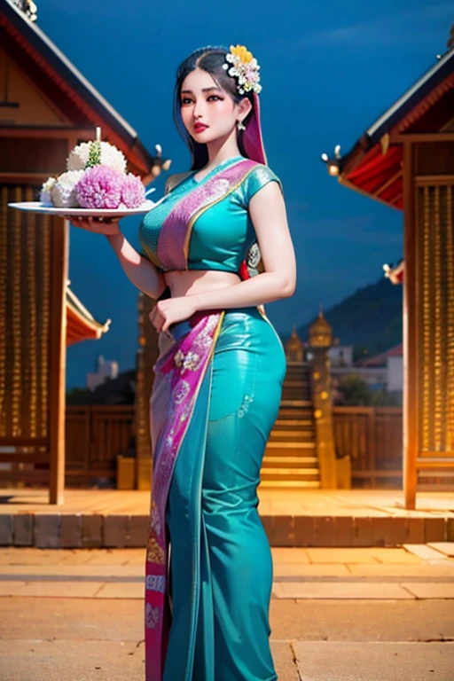 Masterpiece,Row photo, details, hyper realistic,arafed woman in a blue sari holding a plate of flowers, sukhothai costume, in style of thawan duchanee, "Loy Krathong Festival", traditional beauty, anime thai girl, south east asian with long, nivanh chanthara, traditional, thailand art, traditional art, tithi luadthong, traditional dress, traditional tai costume, traditional clothes,8K, full body shoot, lightings,so beautiful golden Temple background