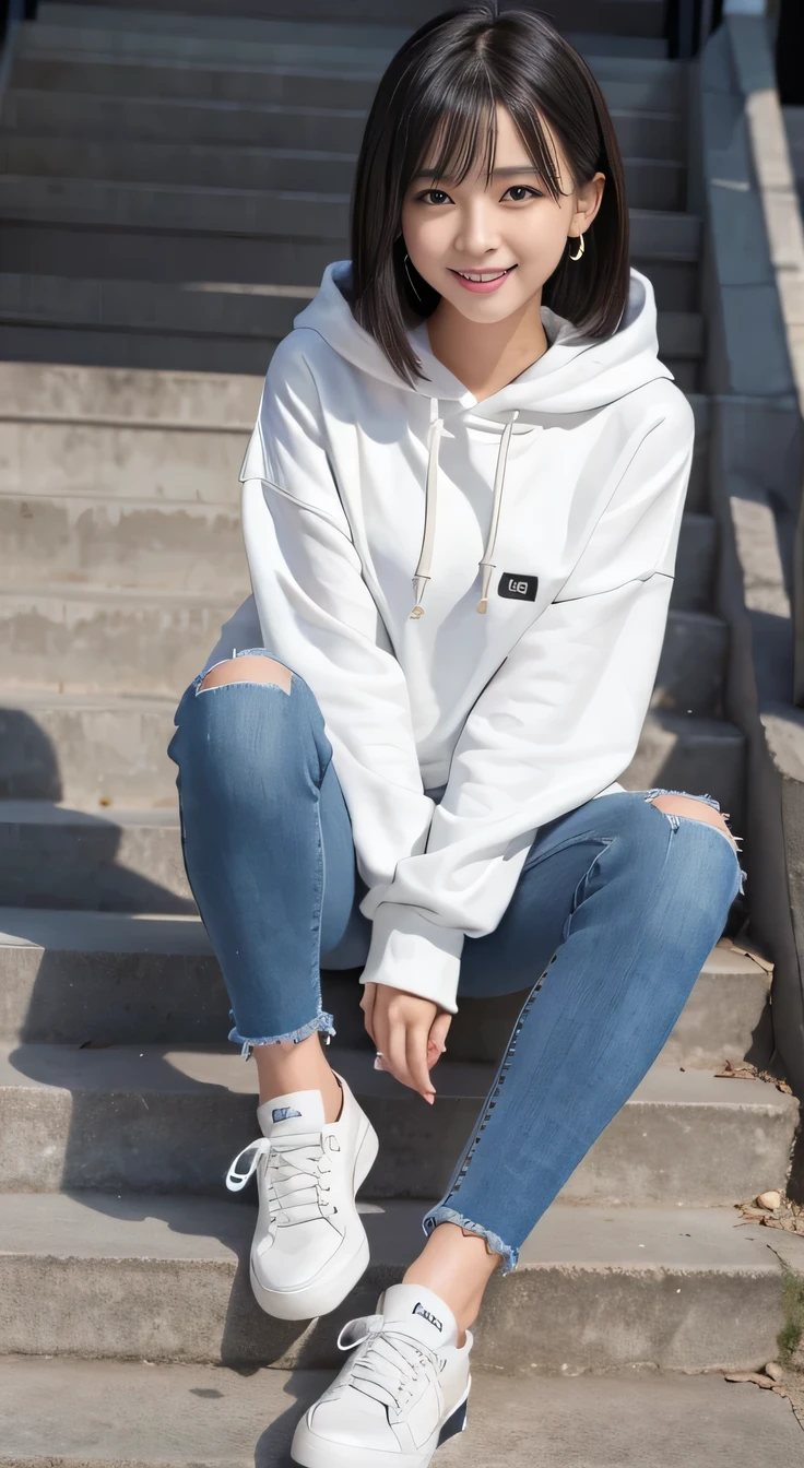 highest quality, Realistic, Very detailed, Finer details, High resolution, 8k wallpaper, One beautiful woman,Sit on the stairs、(Wear black socks)smile、(Beautiful teeth alignment、)(Gums are visible) Oversized hoodie, Skinny jeans, White sneakers、Black Hair、 Beautiful Bangs、ear piercing、Perfect dynamic composition, Beautiful and detailed, Full Body Shot, A big smile