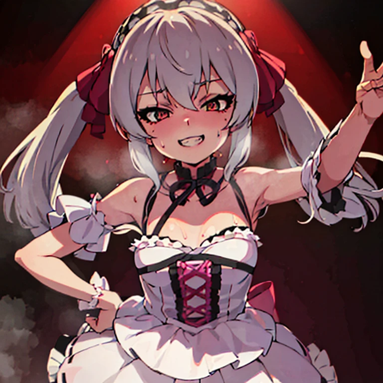 ((( masterpiece ))) Background : ( horror theme, dark, backstage, alone, best quality, highly detailed ). Character ; ( 1girl, standing , enjoying, evil wide seductive grin, hand on breast, Matoba risa, wearing idol outfit, sweating, lolicon, fit body, small breast,  long twintail hair, ribbon).low angle