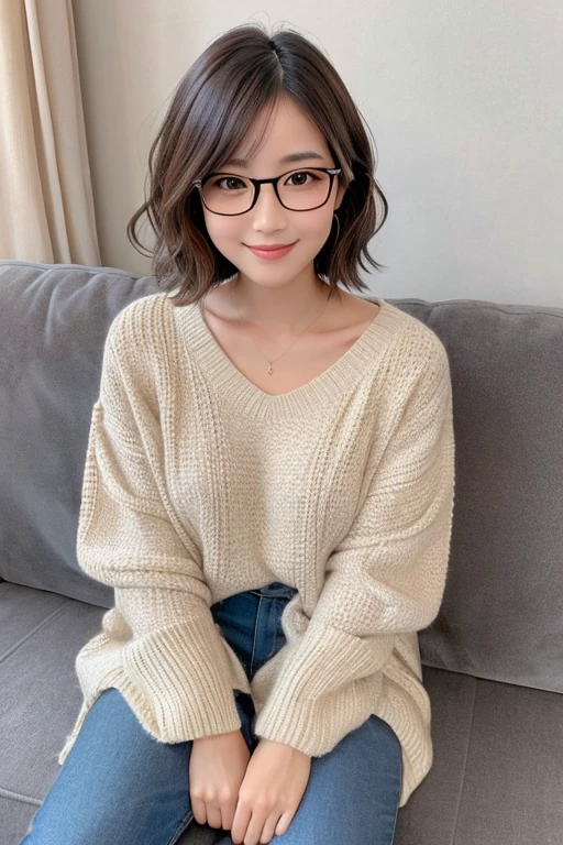 Photorealistic, high-quality 32k photo of a beautiful Japanese girl in a casual, chic outfit, with glasses, with detailed eyes and a charming smile, seated at a cozy couch,her hair styled in a soft wave short hair