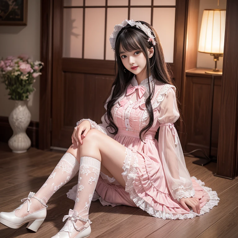 best quality, masterpiece, lifelike, 1 girl, solitary, eternal, Black Hair, Long curly hair, Bangs, Smile, Pink skirt, Pink loli dress, layered skirt, Lolita style long skirt,分層連衣裙 Lace-trimmed 裙子, decorate, Lace, Long sleeve, Puff sleeves, Wide sleeves, Transparent sleeves, Hair accessories, 在flower园里, flower, Detailed background, Delicate face,pink blush,White,Knee socks, Pink shoes,cold,Lots of Lace,((masterpiece))、(top quality)、8k、High Detail、Super detailed、 night、21 years old female,Wearing Pink dress((Dreamy atmosphere:1.1))、Seductive and whimsical style、masterpiece、born、Scenes resembling fairy tale illustrations、Intricate details showcase the ruffles and intricate designs of the Lolita dress、beautiful、magic、capricious、 beautiful、Dreamy aesthetics、「art itself、ethereal、charming、fickle、magic」、realism、Visual effects、FXAA、SSAO、shader、voiceless、Ambient Lighting、Tone Mapping、high resolution、Ultra HD、megapixel、(8k resolution:1.10)、8k、Below 8K、8k resolution、High Detail、Intricate details、A look of surprise and awe on her face、 (high quality:1.2、masterpiece:1.2、:1.21)、(21 years old female:1.21)、(興奮地Smile)、(Surrounded by the Dreamy atmosphere of an amusement par色洛丽塔连衣裙、Her eyes were full of surprise and joy、I took a lot of geek photos、、High heel、Mucus、The slender one、Model Diagram,full-body shot,Knee-high White Lace socks,Sweet Lolita,sitting,Normal 2 feet,Pink shoes,Baotou shoes,full-body shot