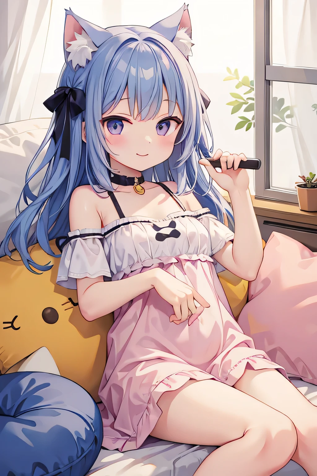 highest quality、smile、Small breasts、Cat ear、Cat's Tail、Short black hair、Iris、Cropped T-shirt、Shorts、grassland