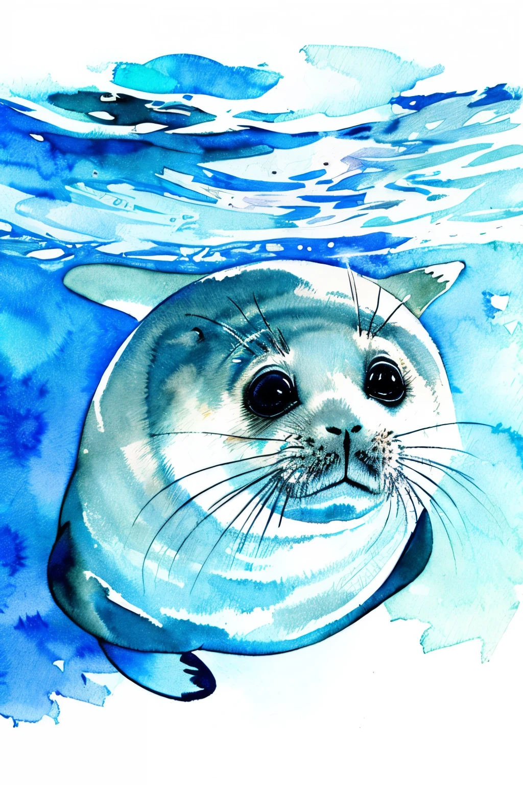 Seal, watercolor, no humans, swimming, cool color palette, detailed face, detailed eyes, (seal is happily swimming, large,) Background: white