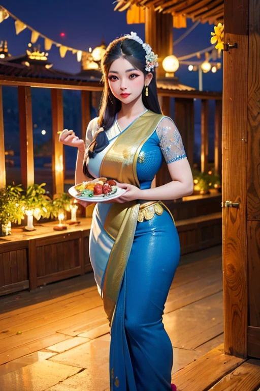 Masterpiece,Row photo, details, hyper realistic,arafed woman in a blue sari holding a plate of flowers, sukhothai costume, in style of thawan duchanee, "Loy Krathong Festival", traditional beauty, anime thai girl, south east asian with long, nivanh chanthara, traditional, thailand art, traditional art, tithi luadthong, traditional dress, traditional tai costume, traditional clothes,8K, full body shoot, lightings,so beautiful golden Temple background