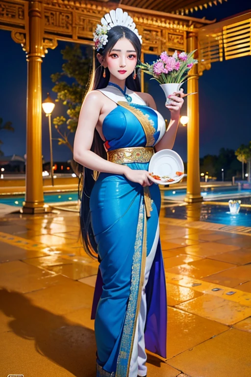 Masterpiece,Row photo, details, hyper realistic,arafed woman in a blue sari holding a plate of flowers, sukhothai costume, in style of thawan duchanee, "Loy Krathong Festival", traditional beauty, anime thai girl, south east asian with long, nivanh chanthara, traditional, thailand art, traditional art, tithi luadthong, traditional dress, traditional tai costume, traditional clothes,8K, full body shoot, lightings,so beautiful golden Temple background