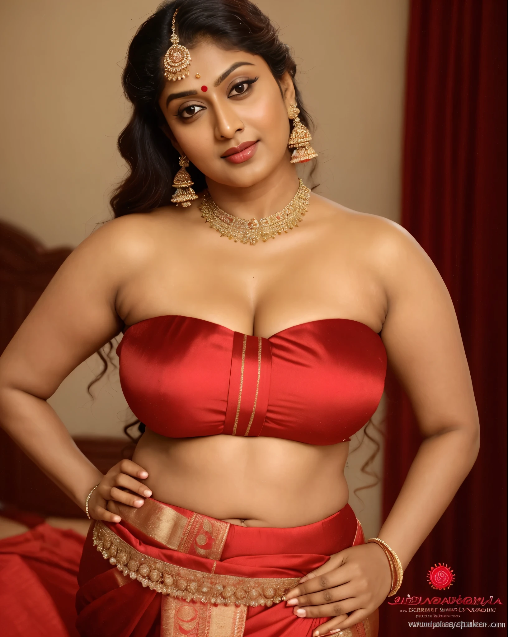 Wearing a sexy satin saree with strapless Bra, sexy Indian housewife, Looks like Indian Actress Nayanthara, actress Nayanthara, mallu, mallu aunty, desi aunty, full figured mature beauty, sweaty skin , shining skin, sweat, attractive figure, 48 years old, spicy hot, desi milf, desi aunty, a close up of a woman in a red dress in a bedroom, inspired by Avigdor Arikha, sleek!!!, indian super model, wavy hair combed to one side, actress, by Jitish Kallat, smoldering, intense smoldering, fashion, an angel, print ready, with a dramatic looking, inspired by Sudip Roy, seductive look, sexy Saree queen, sexy Saree fashion, seductive Saree, wear saree, sizzling hot Beauty, red juicy lips, detailed armpits,