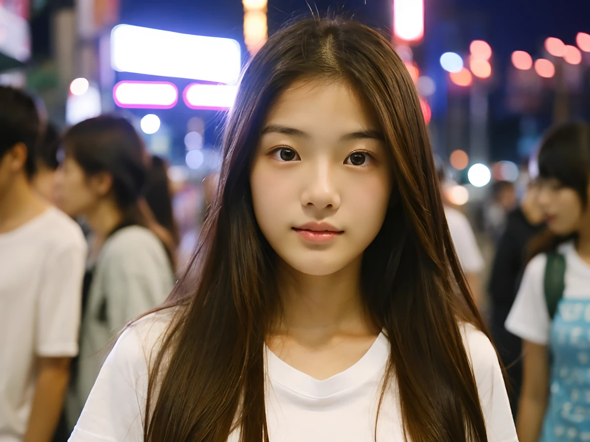 Very detailed super high quality super high quality Surreal photograph Japanese women Fair skin ((Half-open lips:1.3)) Beautiful and soft skin Long brown hair Beautiful and perfect body (very cute:1.3) A beautiful and clear-skinned young man々New Skins 16 years oldool girl wearing a plain T-shirt) Big Breasts Everyday City Busy city ((night)) Audience'perspective Front view (Browsing Caution:1.2)) (Amazingly cute girl:1.3) (Portraiture) 男たちの視線 口マスク 自撮りphotograph 自分で撮影してる