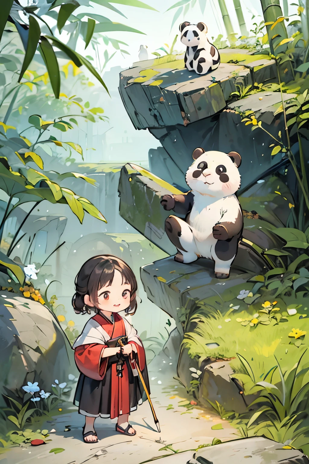 guofeng, cute  boy, panda, bamboo forest, bamboo, rock, grass