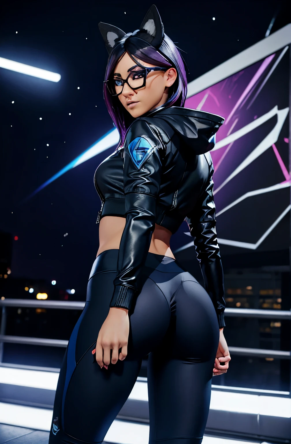 Lynx shorts con leggings jacket blue black dynamic pose, rostro detallado ojos hermosos, gafas ,cabello corto rosa, looking back at the viewer