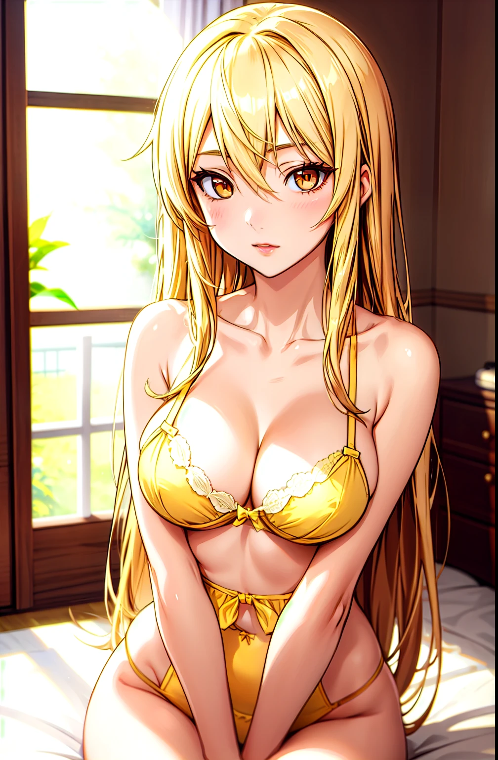 (masterpiece, best quality), mashiro shiina, caramel-colored eyes, blonde hair, long hair, hair between eyes, long eyelashes,edgYSD,woman wearing a yellow lingerie,