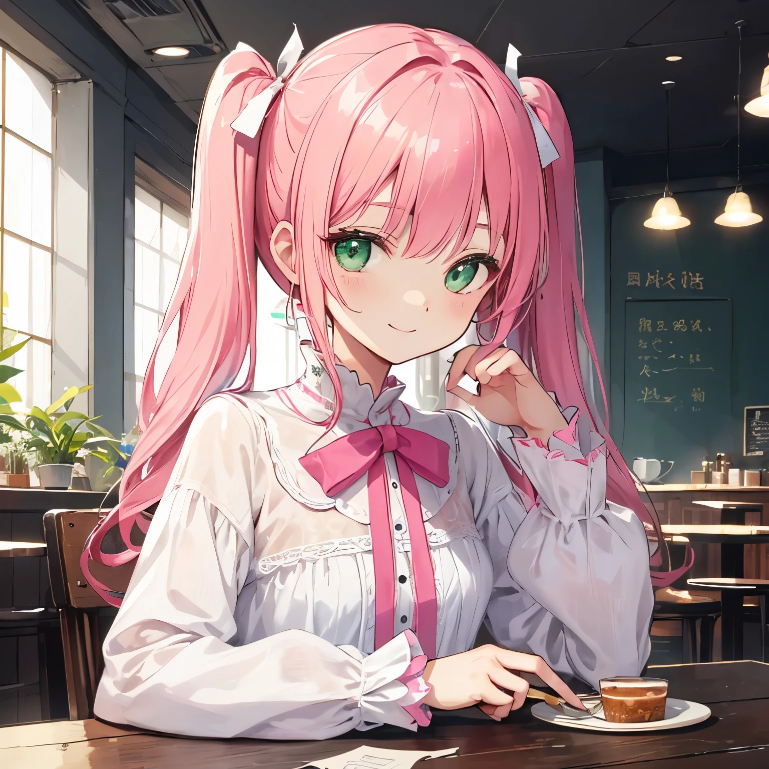 One girl,Jewel Eyes,Beautiful arrangements and motifs、Slight、Game character design、Written boundary depth , wonderful, beauty、Transparency、Game character design、(One Girl:1.0)、Pink Hair、Twin tails、Straight Hair、cute、Upper Body、Green Eyes、Inside the cafe、Cafe Background、Sit on a chair、Mass-produced fashion,White and pink attire、front、smile、Pink ribbon