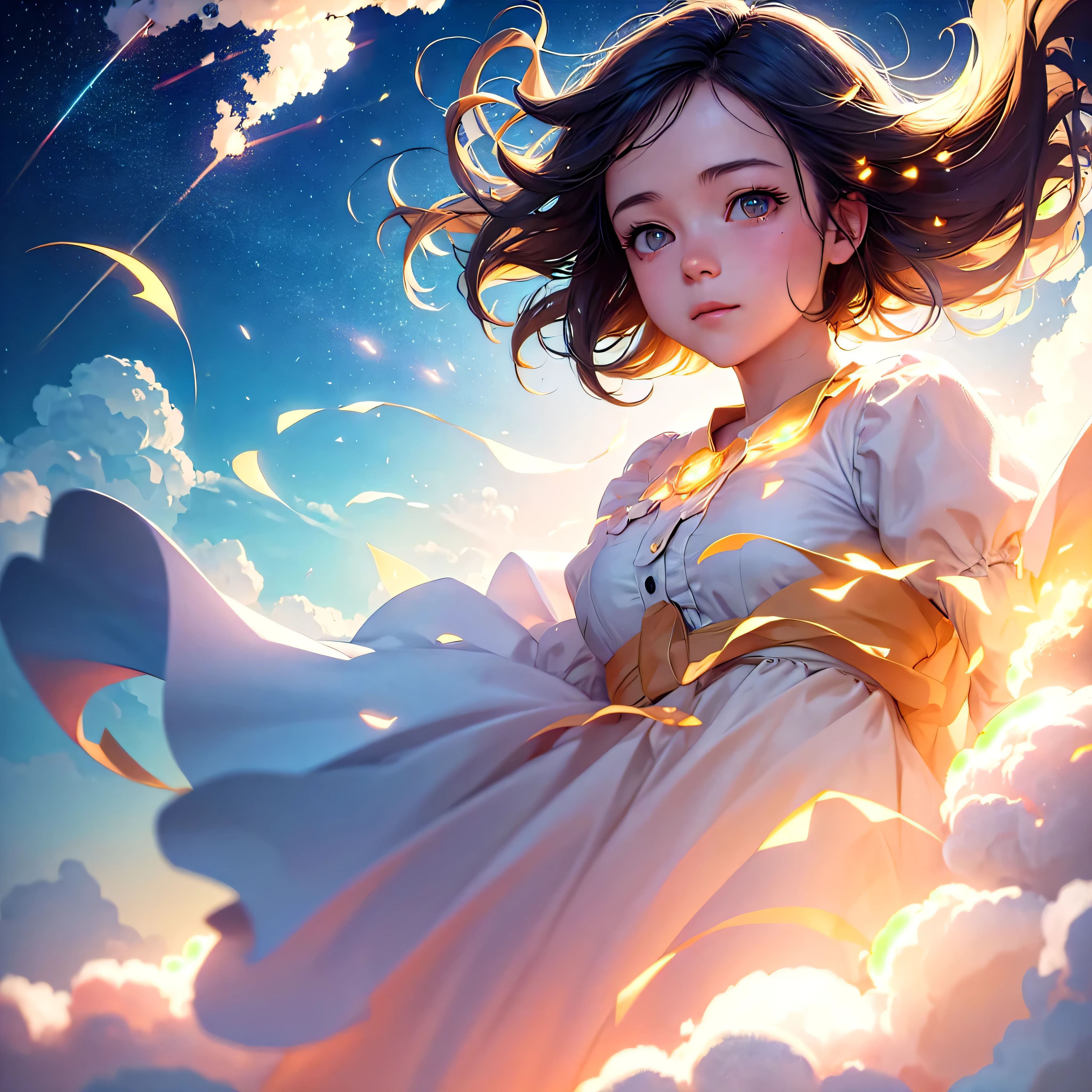 masterpiece, best quality, movie still, 1girl, cloud girl, floating in the sky, close-up, bright, happy, warm soft lighting, sunset, (sparks:0.7)