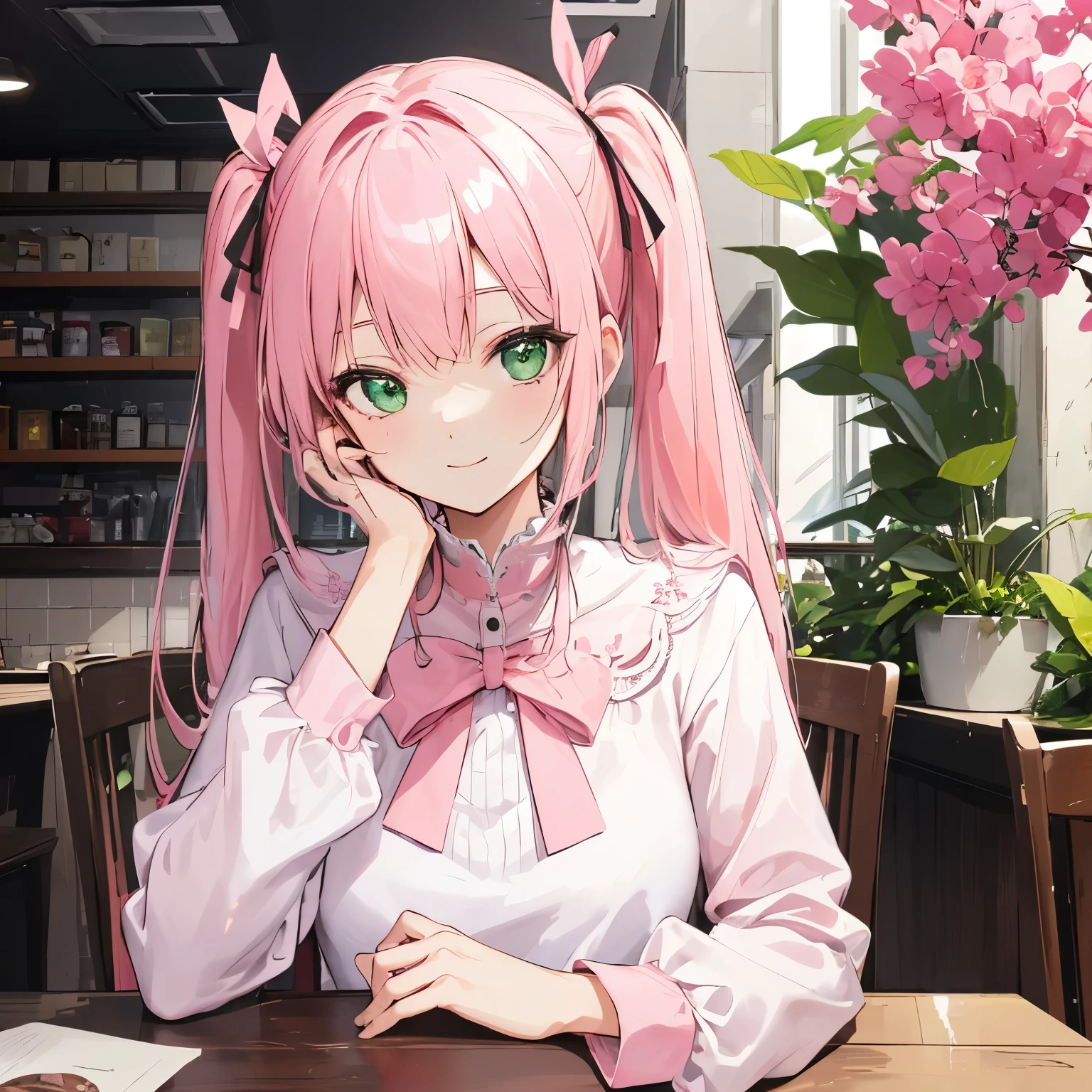 One girl,Jewel Eyes,Beautiful arrangements and motifs、Slight、Game character design、Written boundary depth , wonderful, beauty、Transparency、Game character design、(One Girl:1.0)、Pink Hair、Twin tails、Straight Hair、cute、Upper Body、Green Eyes、Inside the cafe、Cafe Background、Sit on a chair、Mass-produced fashion,(White and pink attire:1.5)、front、smile、Pink ribbon