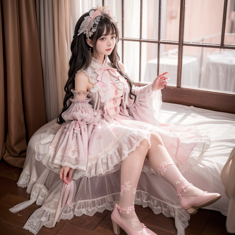 best quality, masterpiece, lifelike, 1 girl, solitary, eternal, Black Hair, Long curly hair, Bangs, Smile, Pink skirt, Pink loli dress, layered skirt, Lolita style long skirt,分層連衣裙 Lace-trimmed 裙子, decorate, Lace, Long sleeve, Puff sleeves, Wide sleeves, Transparent sleeves, Hair accessories, 在flower园里, flower, Detailed background,  Delicate face，pink blush，White，Knee socks, Pink shoes，cold，Lots of Lace，((​masterpiece))、(top quality)、8k、High Detail、Super detailed、 night、21 years old female，Wearing Pink dress((Dreamy atmosphere:1.1))、Seductive and whimsical style、​masterpiece、born、Scenes resembling fairy tale illustrations、Intricate details showcase the ruffles and intricate designs of the Lolita dress、beautiful、magic、capricious、 beautiful、Dreamy aesthetics、「art itself、ethereal、charming、fickle、magic」、realism、Visual effects、FXAA、SSAO、shader、voiceless、Ambient Lighting、Tone Mapping、high resolution、Ultra HD、megapixel、(8k resolution:1.10)、8k、Below 8K、8k resolution、High Detail、Intricate details、A look of surprise and awe on her face、 (high quality:1.2、​masterpiece:1.2、:1.21)、(21 years old female:1.21)、(興奮地Smile)、(Surrounded by the Dreamy atmosphere of an amusement par色洛丽塔连衣裙、Her eyes were full of surprise and joy、I took a lot of geek photos、、High heel、Mucus、The slender one、Model Diagram，full-body shot，Knee-high White Lace socks,Sweet Lolita,sitting，Normal 2 feet，Pink shoes，Baotou shoes，full-body shot