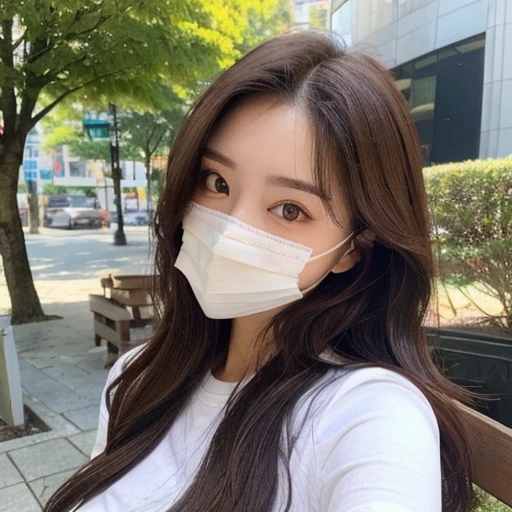 (Daytime, need, 8k, Masterpiece:1.3)), One girl,smile,whole body, Long legs, focal distance:1.2, Perfect body beauty:1.4, Slim Abs:1.1, ((Dark brown hair, Big big boobs:1.2 )), (White tight T-shirt, Are standing:1.2), ((City, Outdoor:1.3)), Highly detailed face and skin texture, Detailed eyes, Double eyelids Cute girl Attractive face Long brown hair Mouth mask
