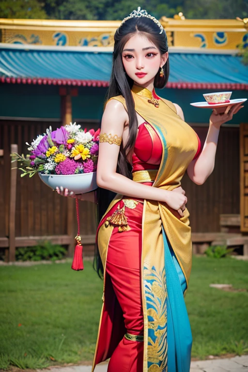 Masterpiece,Row photo, details, hyper realistic,arafed woman in a blue sari holding a plate of flowers, sukhothai costume, in style of thawan duchanee, "Loy Krathong Festival", traditional beauty, anime thai girl, south east asian with long, nivanh chanthara, traditional, thailand art, traditional art, tithi luadthong, traditional dress, traditional tai costume, traditional clothes,8K, full body shoot, lightings,so beautiful golden Temple background