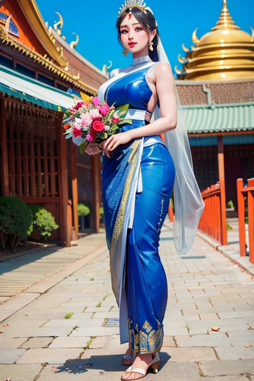 Masterpiece,Row photo, details, hyper realistic,arafed woman in a blue sari holding a plate of flowers, sukhothai costume, in style of thawan duchanee, "Loy Krathong Festival", traditional beauty, anime thai girl, south east asian with long, nivanh chanthara, traditional, thailand art, traditional art, tithi luadthong, traditional dress, traditional tai costume, traditional clothes,8K, full body shoot, lightings,so beautiful golden Temple background